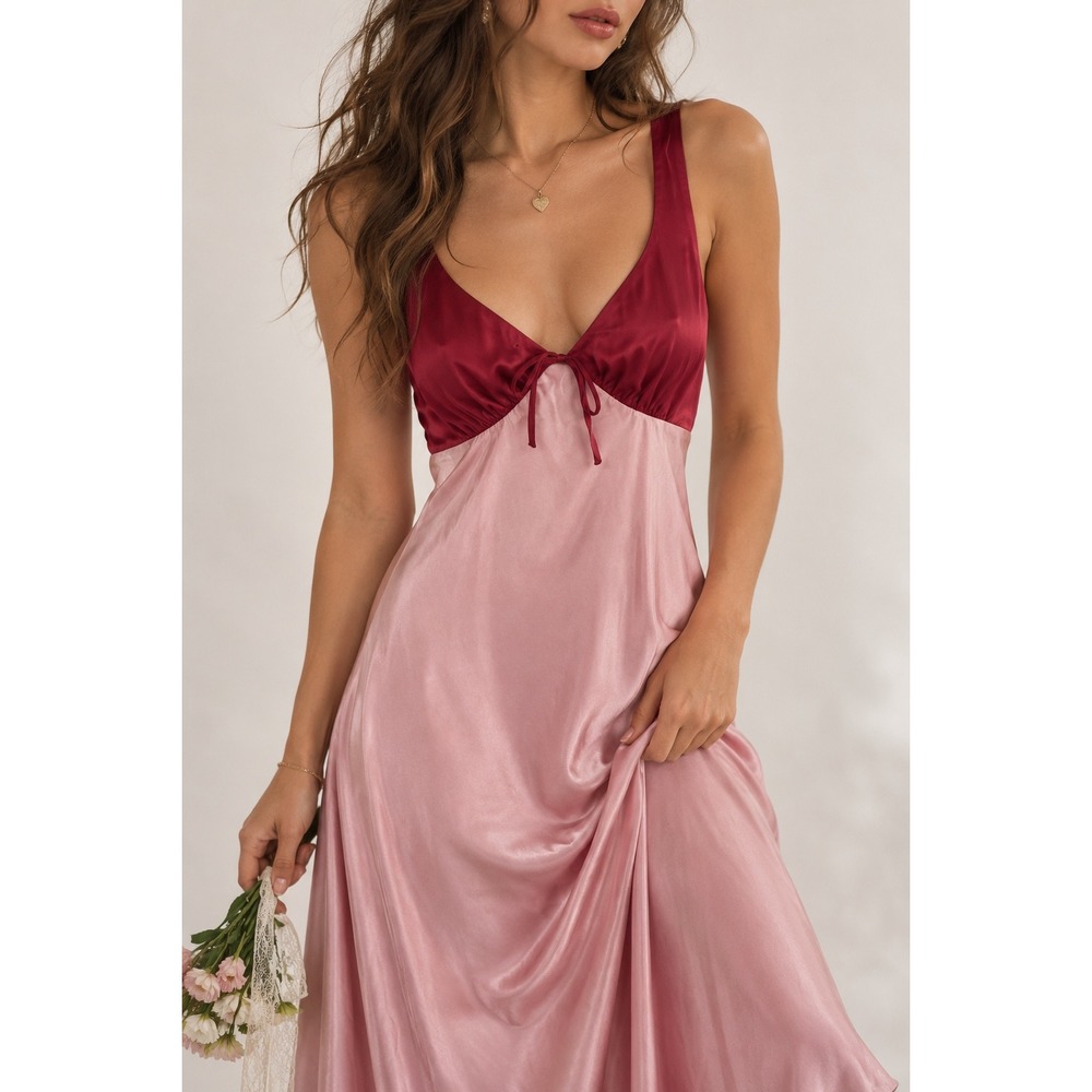 Francesca's Pink Red Satin Baby Doll Romantic Slip Maxi Dress M NWT